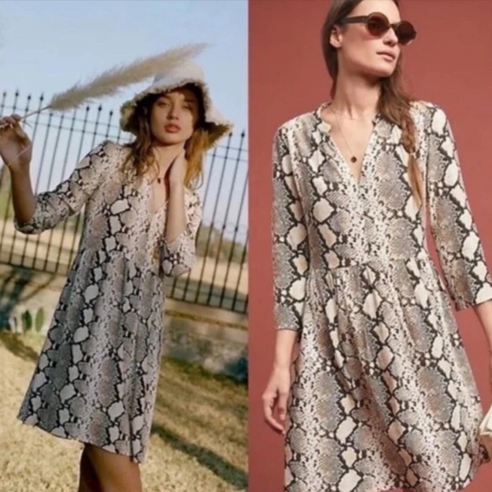 Anthropologie Maeve Juno Snakeskin Printed Dress V-Neck Tan Cream Black Size XS